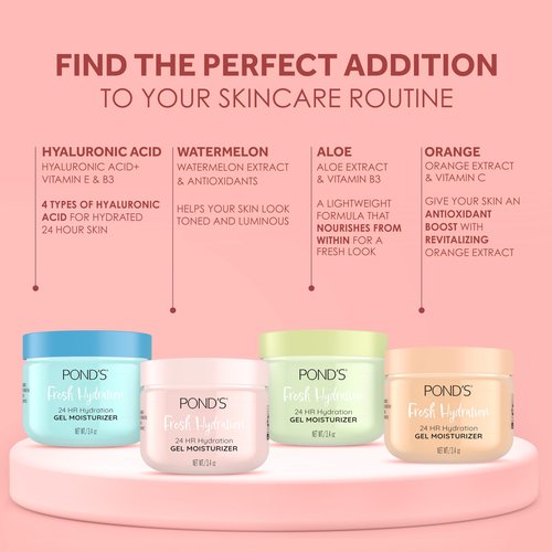 POND’S Fresh Hydration Gel Moisturizer – 24 HR Hydration with Watermelon Extract & Antioxidants – Alcohol & Oil-Free Face Moisturizer – Dermatologist Tested, 3.4 oz
