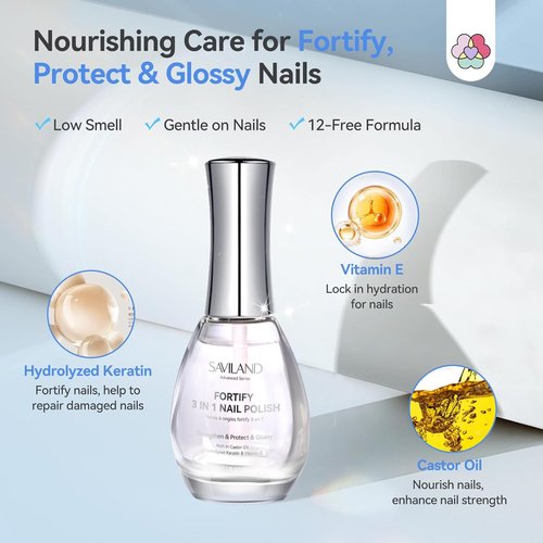 SAVILAND 3-in-1 Nail Strengthener & Top Coat - Quick Dry Clear Polish for Damaged Nails | 15ml
