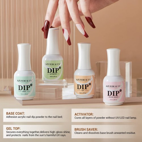 AZUREBEAUTY 4+4pc Dip Powder Liquid Set, 15ml/0.5oz, with Base/Top Coat, Activator, Brush Saver, Nail File– Fast Drying Formula, No UV Light Needed ﻿