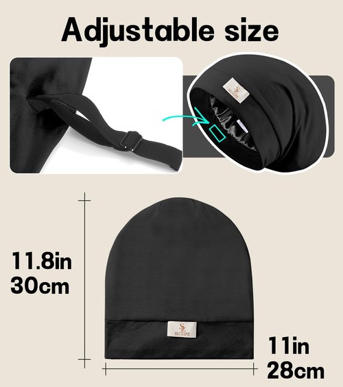 SECZIPE 2pcs Silk Satin Bonnet Hair Wrap for Sleeping, Adjustable Strap Curly Natural Hair Night Caps for Women Men(Black&Black)