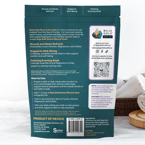 Baja Gold Ocean Mineral Soak – Natural Magnesium Bath Soak & Trace Elements | Relaxing, Clean Ingredient Soak for Bath, Muscles, Relaxation & Skin Care | Pure, Vegan, 2 Lb Resealable Bag, Lavender