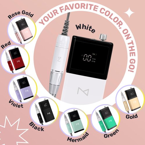 M - E-ZDrill Rechargeable Electric Nail Drill, 35k RPM, Smart Speed & Battery LCD, Portable Lightweight, Forward/Reverse, Aluminum Metal, Acetone Resistant Nail Drill (White)