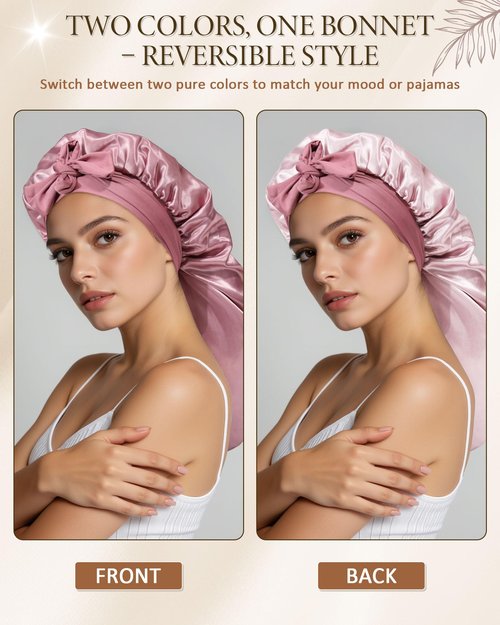 AWAYTR Long Satin Bonnet for Sleeping - Double Layer Reversible Silk Bonnet for Long Hair Women Sleeping Cap with Tie Band (Rose Gold+Pink)