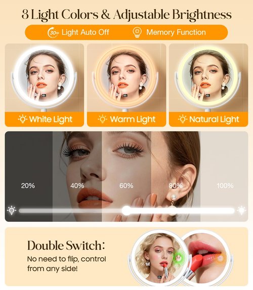 Gospire Wall Mounted Lighted Makeup Mirror with Magnification 10X, 7 Inch Double Sided Magnifying Vanity Mirror Wall Mirrors with Hooks & LED Display for Bathroom, No Drilling Needed