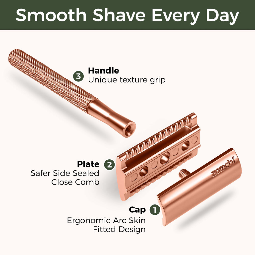 ZOMCHI Single Blade Razors for Women – Reusable Ladies Razor for Legs with 5 Double Edge Safety Razor Blades, Eco-Friendly Manual Shaving Razor - Rose Gold