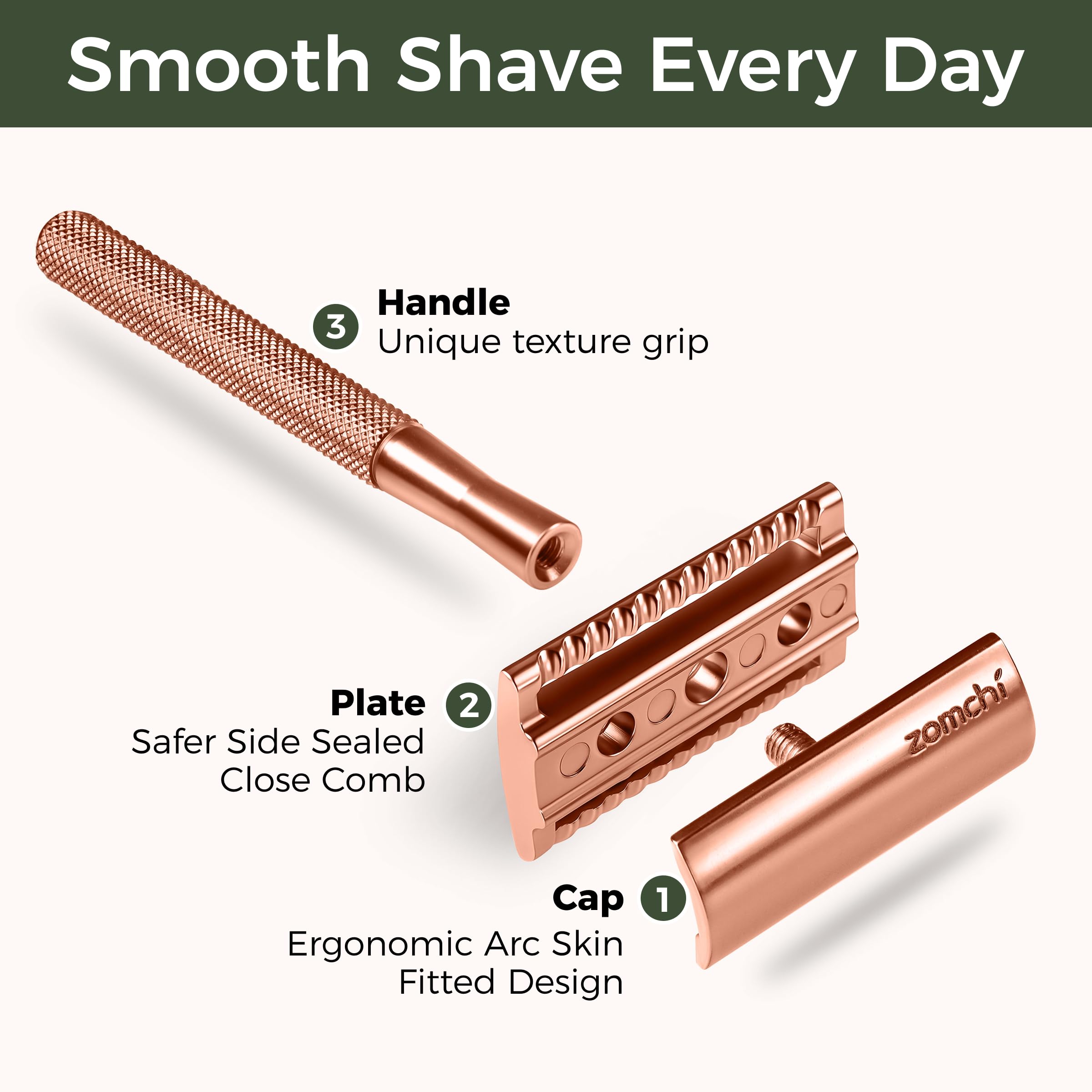 ZOMCHI Single Blade Razors for Women – Reusable Ladies Razor for Legs with 5 Double Edge Safety Razor Blades, Eco-Friendly Manual Shaving Razor - Rose Gold
