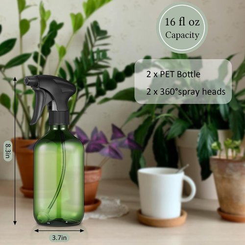 Honeydak 2 Pcs 360° Spray Bottle, 16 Oz/ 500 ml Plastic Upside Down Spray Bottles for Cleaning, Plants, Hair Water, with Nozzle W/fine Mist and Stream Setting(Green)