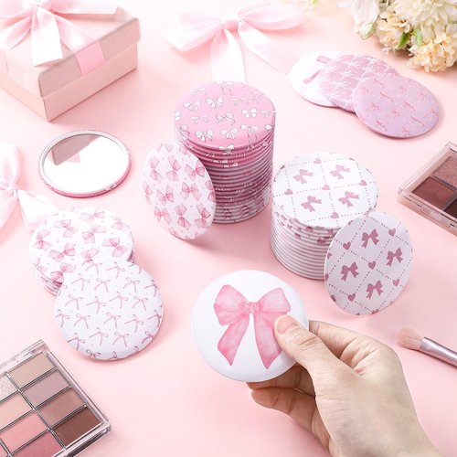 Namalu 48 Pcs Pink Bow Party Favors Pink Bow Coquette Mini Pocket Mirrors Inspirational Christian Gifts Bulk for Women Portable Round Makeup Mirror Church Religious(Cute Style)