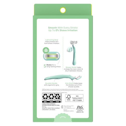 Gillette Venus Extra Smooth Women's Razor with Reusable Handle, 5 Blade Refills and Shower Holder