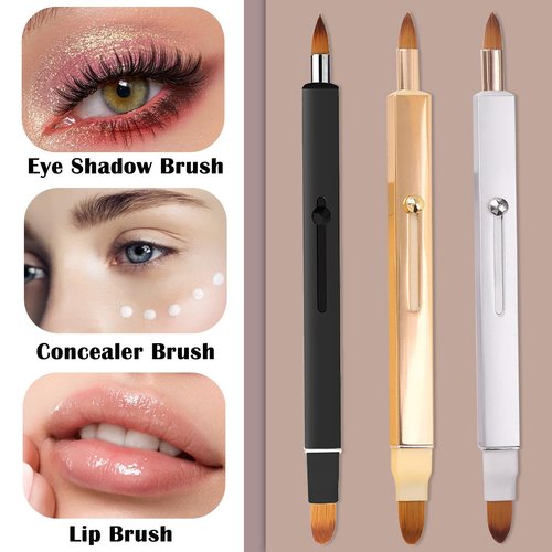3 Pack Lip Brush for Lipstick Makeup Brushes Double-Ended Retractable Lip Brush with Cap Dustproof for Lipstick Gloss Creams Portable with Cap(Black + Gold + Silver)