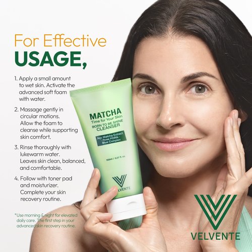 VELVENTE Matcha Gentle Facial Cleanser, Green Tea Low-pH Face Wash for Pore Refining Cleanser, Rose PDRN Hydrating Daily Facial Wash Acne Prone & Sensitive Skin Friendly, Korean Skincare(5.07 fl.oz.)