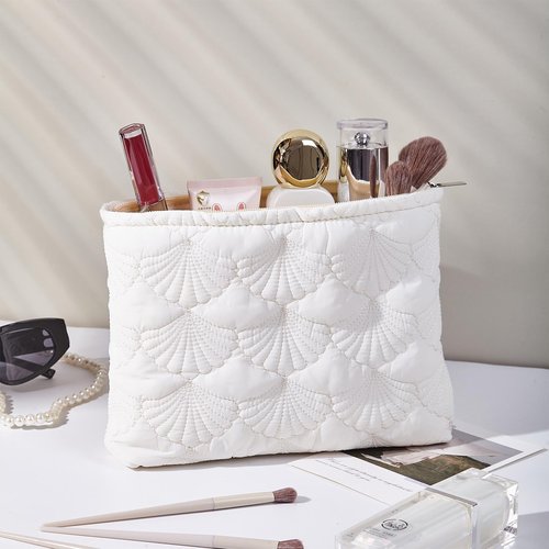 Sarrany White Quilted Makeup Bag, Cute Make Up Bag Organizer whith Shell Pattern, Cotton Cosmetic Bag for Women & Girls, Canvas Lined Pouch, Coquette Organizer purse(White Shell Medium)