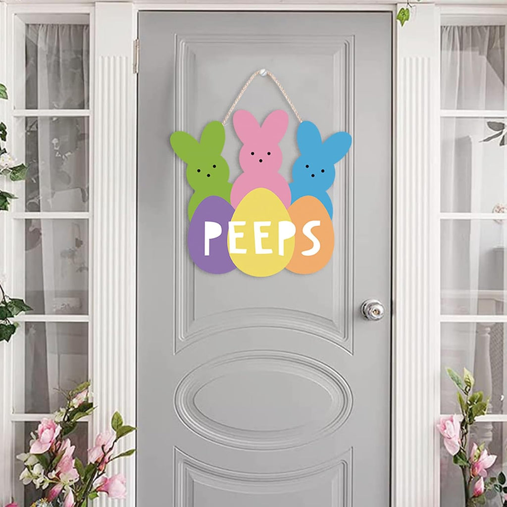 Welcome Peeps Easter Wreath - Cute Bunny Wood Hanging Sign for Farmhouse Door Decor