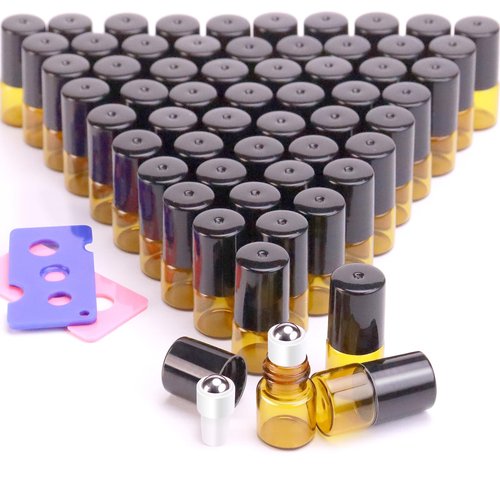 Matifaner 60 Pack 2ml Amber Glass Roll on Bottle For Essential Oils,Perfume Vial with Stainless Steel Roller Ball,Black Caps Mini Sample Vials Cosmetics Small Container