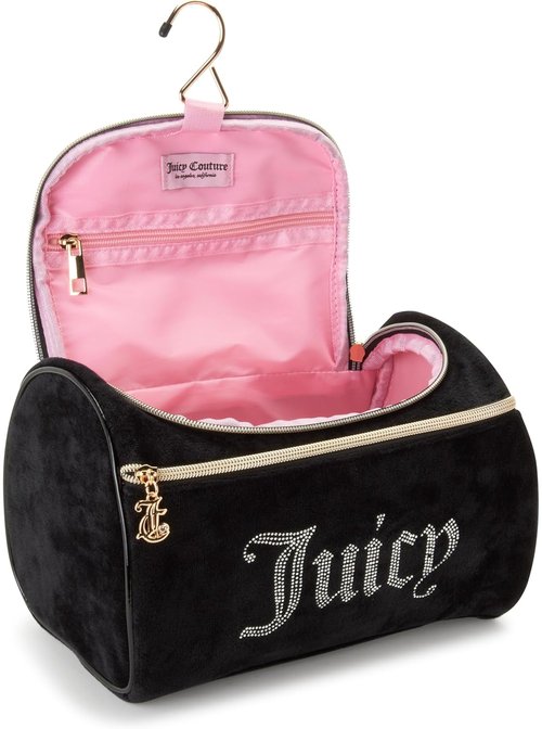 Juicy Couture Black Makeup Bag - Velour Cosmetics Organizer with Rhinestones for Travel Essentials