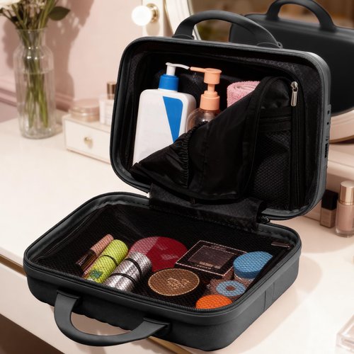 JZRTravel 14 Inch Makeup Train Case with Lock Hard Shell Cosmetic Travel Case w Elastic Strap, ABS Portable Toiletry Bag for Toiletries Make up Storage Case Gift for Women Adult