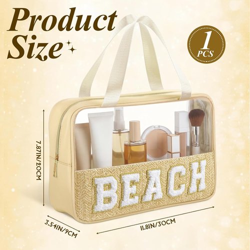 Kajaia Clear Beach Bag - Large Woven Transparent Makeup & Toiletry Organizer | Beige Chenille Letter Design
