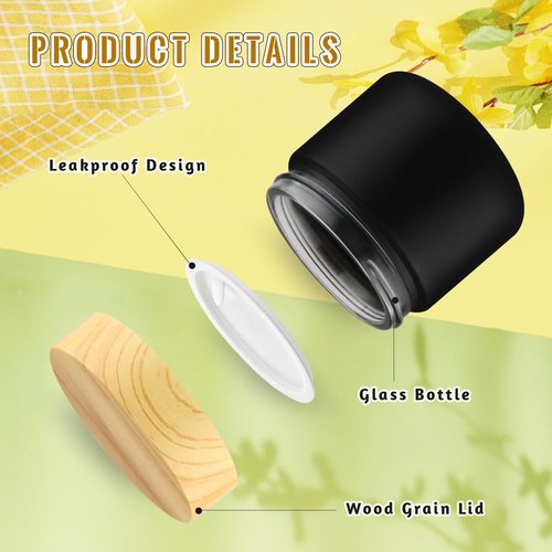 10 Pcs 60g/2oz Frosted Cream Jars Travel Size Glass Cosmetic Containers Empty Glass Jars with Wood Grain Lids for Makeup Lotion Face Cream - Black