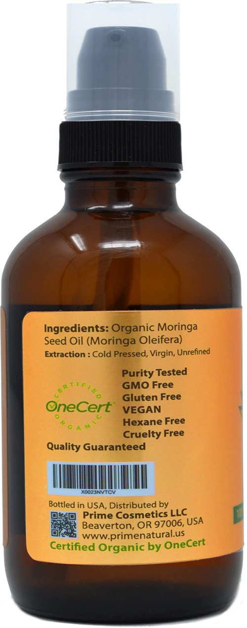 PRIME NATURAL Organic Moringa Oil USDA Certified, 100% Pure, Cold Pressed, Virgin, Unrefined Oil (4oz /120ml) - Joints, Skin, Face, Body & Hair - Vegan - Food Grade - Natural Moisturizer