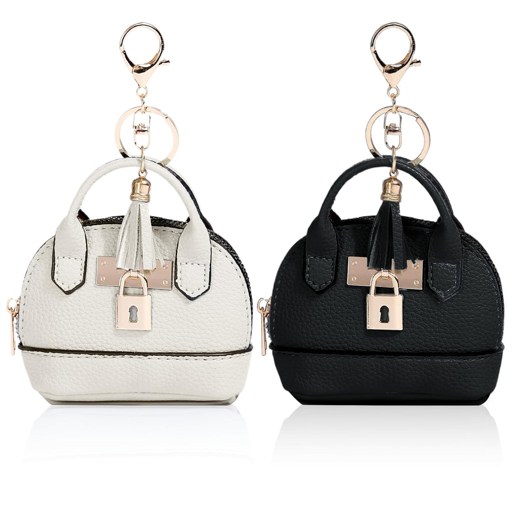 YJUBAOA 2 pcs Mini Makeup Bag for Women PU Leather Backpack Keychain Mini Wallet Key Pocket Lipstick Bag Card Holder (Handbag, White + Black)
