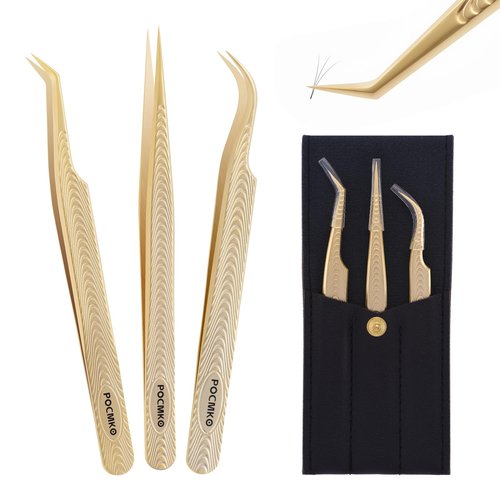 Eyelash Tweezers for Lash Extension Supplies, High Precision Lash Tweezer Set– Pack of 3 Lash Extension Tweezers Kit for Individual and Volume Eyelash Extensions