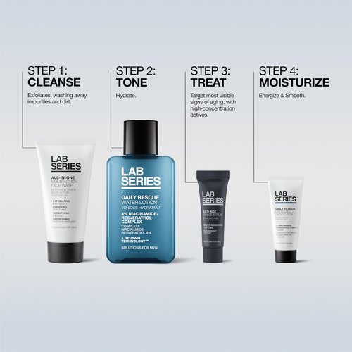Lab Series Travel Size Essentials Skin Care Set For Men - Includes All-In-One Face Wash 1 Fl Oz, Daily Rescue Face Toner 1 Fl Oz, Daily Rescue Face Lotion 0.2 Fl Oz & Max LS Face Serum 0.2 Fl Oz