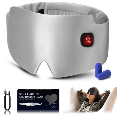 Silk Heated Eye Mask, 2000mAh Large Size Cordless Sleep Mask Warm Eye Compresses Electric Eye Heating Pad for Stye Blepharitis Dry Eyes Sinus Migraine Gifts for Men Woman (White)