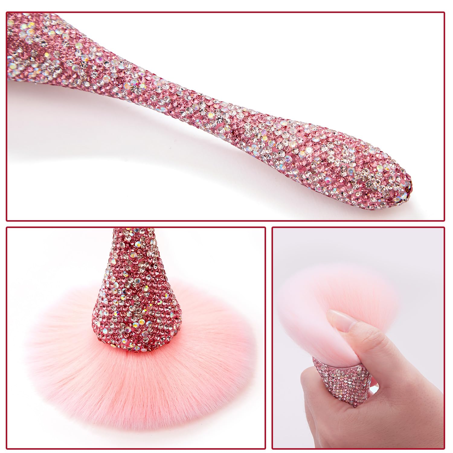 XEAOHESY 1pc Pink Rhinestones Nail Dust Brush Mineral Powder Brush Blush Brush Soft Fluffy Foundation Brush Large Face Powder Makeup Brushes Kabuki Brush for Powder