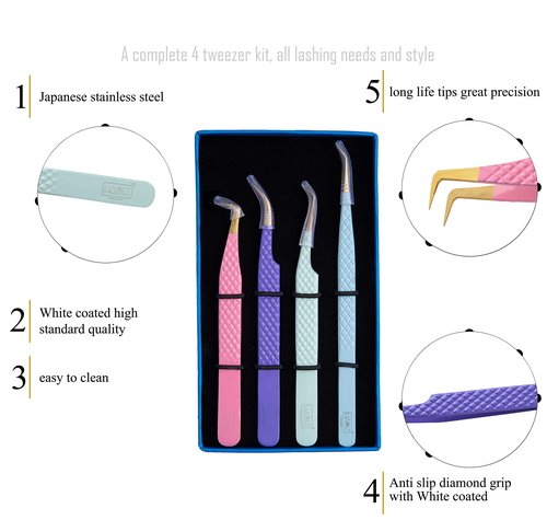 HADIZ Fiber Tip Tweezers Set of 4 Diamond Grip Eyelash Extensions Tweezers Japanese Stainless Steel Lash Tweezer (Combination)