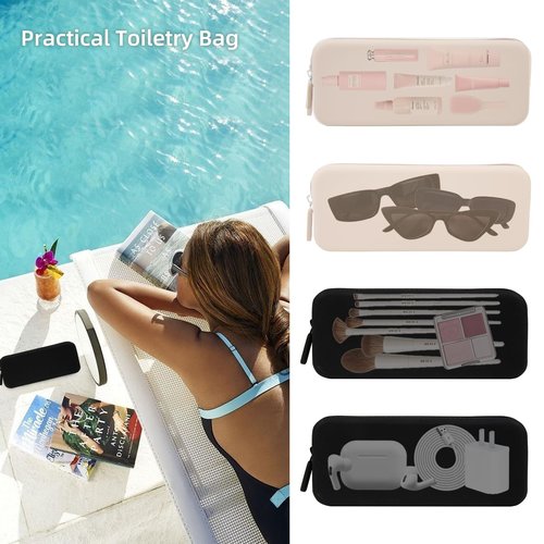 AIBFRID 2PCS Silicone Makeup Brush Bag Travel Zipper Makeup Bag Small Makeup Brush Case Makeup Brush Holder for Travel(Black, Khaki)