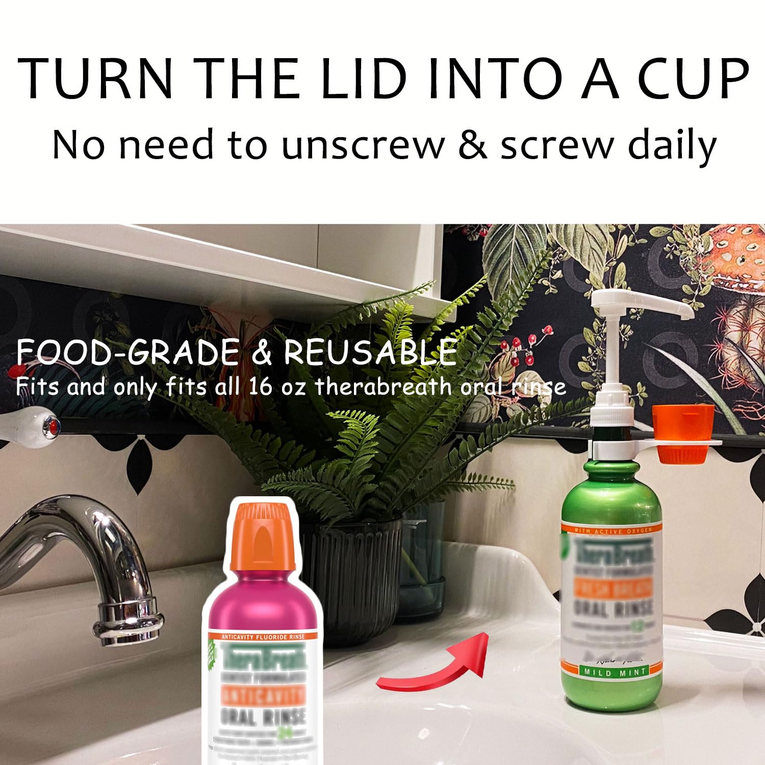 [Upgraded] Mouthwash Dispenser Pump with Cup Holder Set for TheraBreath 16 Fl Oz Mouthwash Oral Rinse, Fits ICY Mint, Mild Mint, Whitening, Anticavity, Kids, Alcohol-Free, etc. - 3 Pack