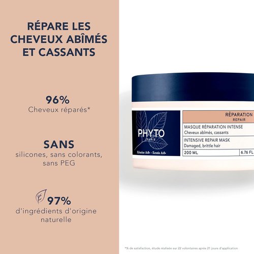 Phyto Paris Repair Intensive Restructuring Mask - Vegan & Silicone-Free for Damaged Hair | 6.76 fl. oz.