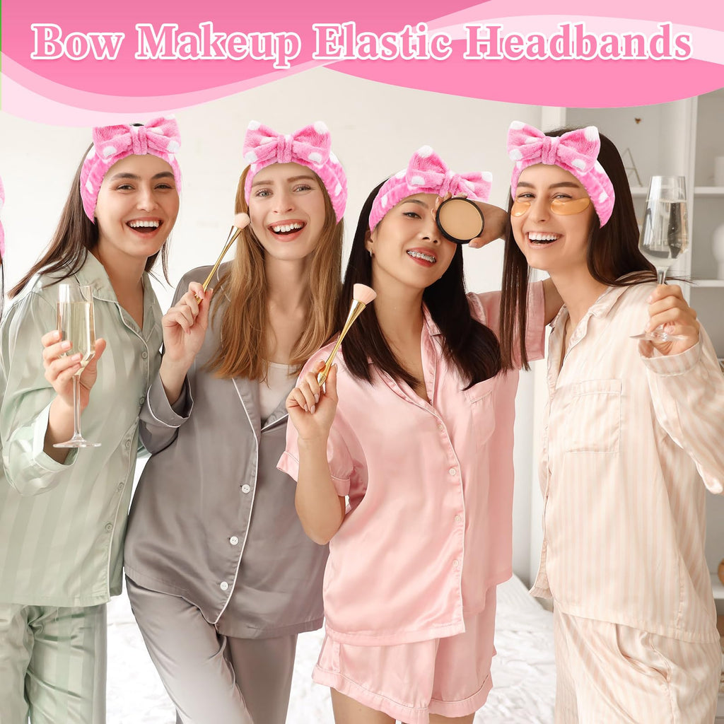 Wavyknot 50 Pcs Pink Spa Headband Bulk Spa Sleepover Party Supplies for Washing Face with Removable Bow Makeup Elastic Bowknot Headbands for Women Gifts Soft Skincare Microfiber Hairbands(Dots Style)
