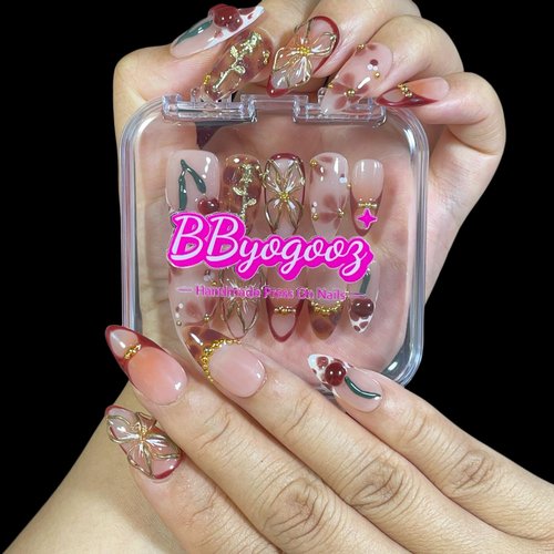 Handmade Press On Nails Medium Almond Elegant 3D Cherry & Gold Floral Accent False Nails | Nude Pink Base with Wine-Red Tips, Reusable Acrylic Fake Nails (Wine Cherry, L)