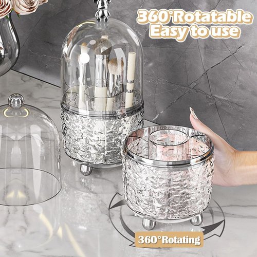 HMIEPRS Makeup Brush Holder Organizer with Lid, 360°Rotating Dustproof Makeup Brushes Organizer, 4 Compartment Make Up Brushes Cup for Vanity Desktop Bathroom Countertop (Transparent)