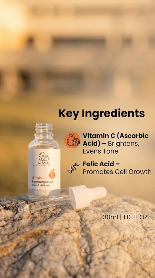 MAYA Vitamin C Brightening Serum - Hydrating Face Serum with Folic Acid for Glowing Skin | 30ml