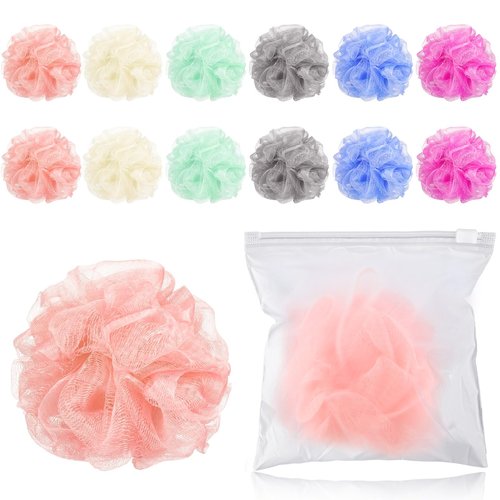 Funnymoom 12 Pcs Travel Size Loofah Individually Wrapped, Small Shower Puff Bath Sponge Pouf Ball Bulk Mesh Bath Puff Mini Loofah Sponge with Case Bulk for Shower Care (25g,Colorful)