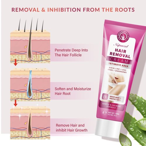 Hair Removal Cream for Women: Depilatory Cream for Intimate Areas and Pubic Area with Aloe Vera and Vitamin E - Hair Removal for Body Legs Arms Underarms Bikini - Fast Painless Soothing - 5.3 oz