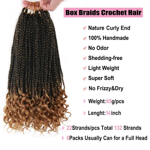14 Inch Crochet Box Braids Hair Curly Ends Ombre Brown Curly Wave Synthetic Box Hair For Braid 6Packs 22 Strands/pcs Crochet Braids For Women(14inch, 1B/27#) …