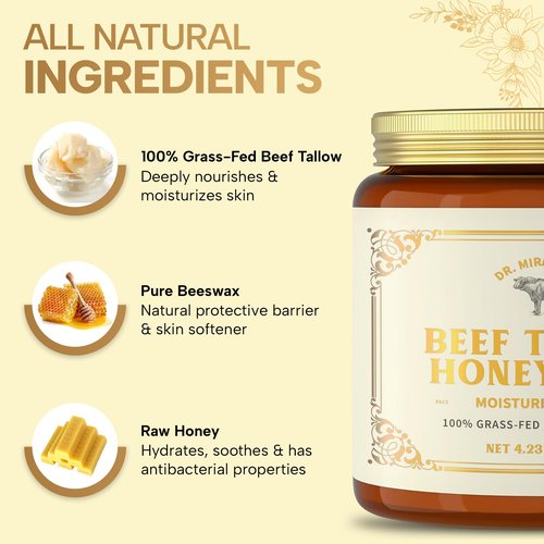 Dr. Miraculous 100% Grass-Fed Whipped Beef Tallow and Honey Balm for Skin, Moisturizer for Face & Body with Organic Beeswax & Organic Honey Balm, All Natural Formula, 4.23OZ (120G)