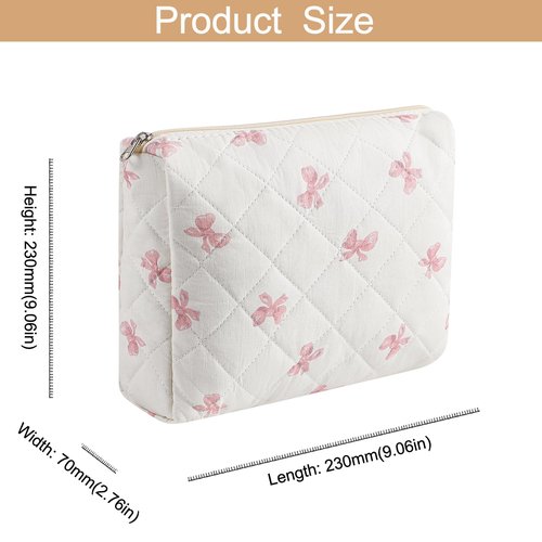HHQQWZ Large Quilted Cotton Makeup Bag Cosmetic Bag for Women, Cute Large Floral Cotton Travel Cosmetic Bag, Zipper Toiletry Bag Makeup Organizer Storage Bag (Pink Bow Tie)