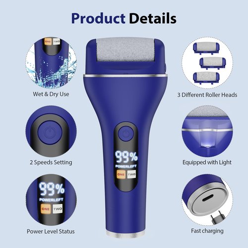 AdamPark Electric Callus Remover for Feet, Rechargeable Portable Electronic Foot Callus Remover 2-in-1 Wet/Dry Foot Scrubber Electric Toot File for Hard Cracked Dry Dead Skin（Blue）
