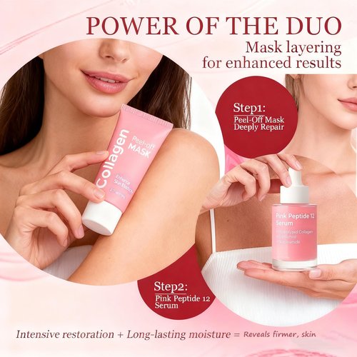 Collagen Overnight Peel Off Mask & Peptide Serum Set with Niacinamide, PDRN - Boosts Elasticity, Fades Dullness & Sagging, Korean Skin Care for Glowing Complexion, All Skin Types, Includes Brush