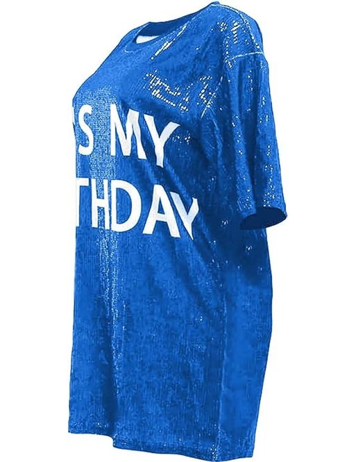 KIRJAUDU Women Sequin Glitter Letter Print 3/4 Sleeve Round Neck Party Club Mini T Shirt Dress Blue M