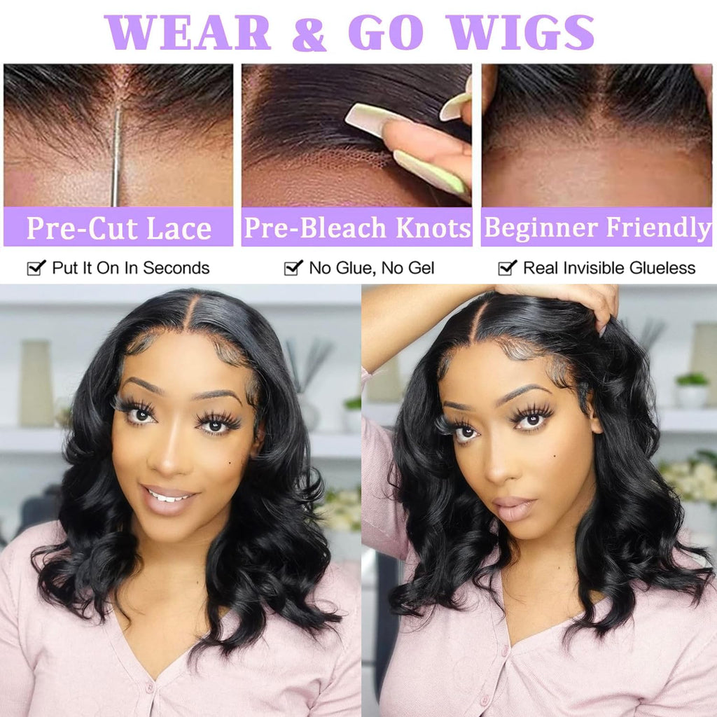 Wear and Go Glueless Wigs Human Hair Pre Plucked Pre Cut Body Wave Bob Wig for Black Women 4x4 Lace Closure Glueless Wigs Black Wig Bleached Knots 180% Density 12 Inch