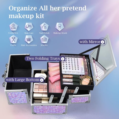 Costravio Makeup Box Organizer with Mirror, Makeup Case Train Case for Girls Women Kids Make up Box Makeup Case Organizer with Lock and Key Storage Vanity for Polishes Cosmetic Jewelry, Shiny Purple