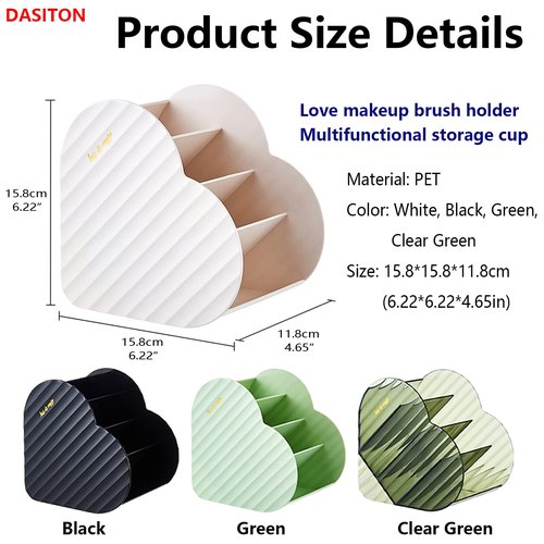 DASITON Large Capacity Makeup Brush Holder Organizer,4 Slot Love Makeup Brushes Cup,Heart shaped Makeup Organizer,for Vanity,Bathroom,Desk Storage Container,Cosmetic Display cases(Clear Green)