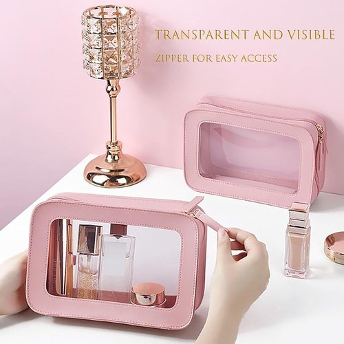 Skiennix Clear Waterproof Makeup Bag - Portable Travel Cosmetic Organizer for Women | Pink 2-Pack