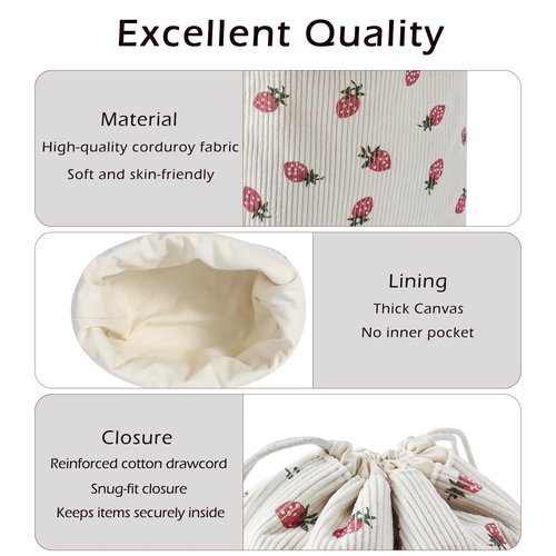 Cute Soft Corduroy Drawstring Makeup Bag with Canvas Lining, Coquette Aesthetic Drawstring Cosmetic with Strawberry Pattern for Women Girls, Kawaii Travel Makeup Organizer Case(06 Strawberry)
