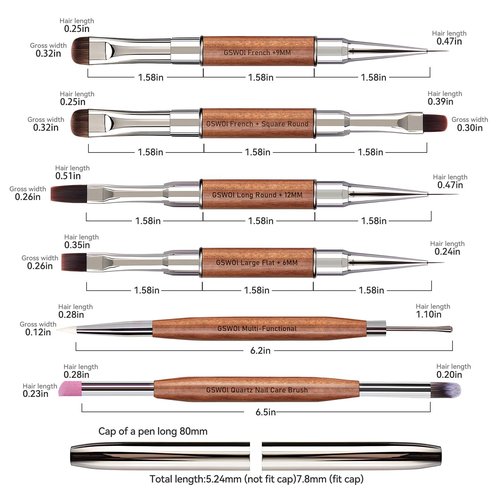GSWOI Dual Head Acrylic Nail Brush-French Tip & 9mm Liner with Cleaning Brush for Builder Gel,Polygel & Design-Wood Handle & Metal Caps